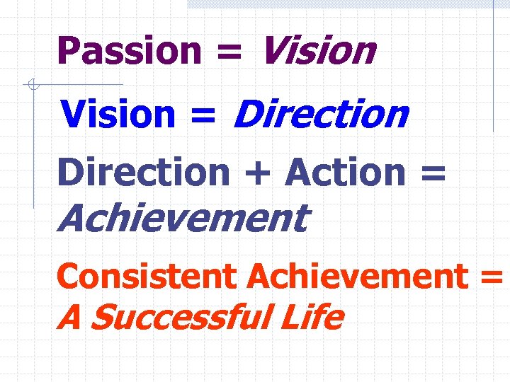 Passion = Vision = Direction + Action = Achievement Consistent Achievement = A Successful