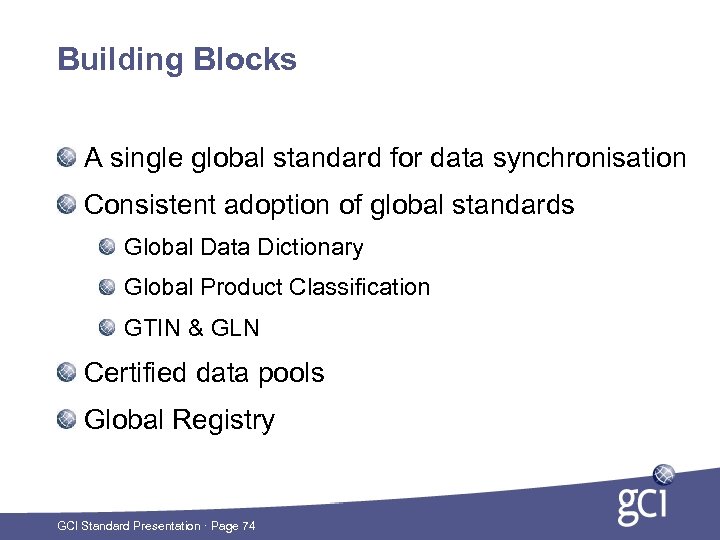 Building Blocks A single global standard for data synchronisation Consistent adoption of global standards