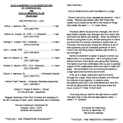 EUCLID MASONIC CLUB ASSOCIATION OF HOBOKEN INC. aka EUCLID MASONIC CLUB TRUSTEES INCORPORATED –