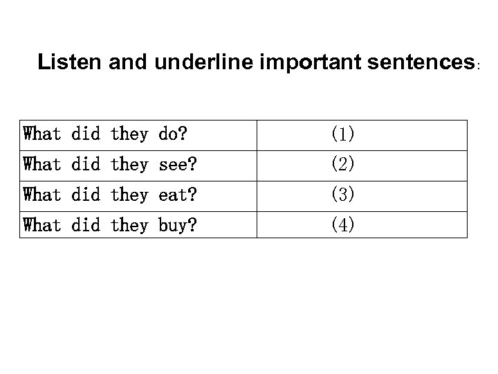 Listen and underline important sentences: What did they do? (1) What did they see?