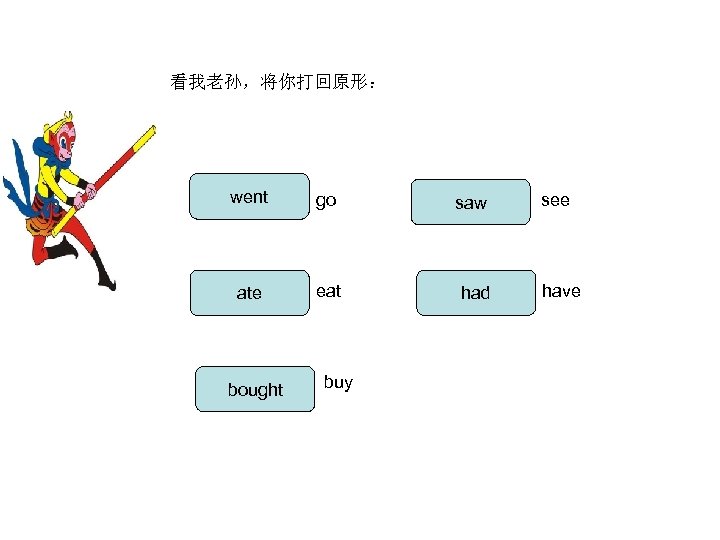 看我老孙，将你打回原形： went go saw ate eat had bought buy see have 