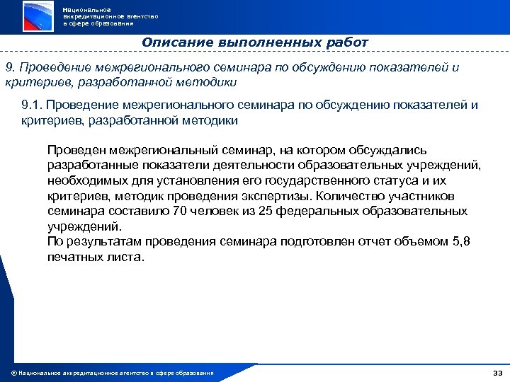 Национальное аккредитационное агентство в сфере образования Описание выполненных работ 9. Проведение межрегионального семинара по