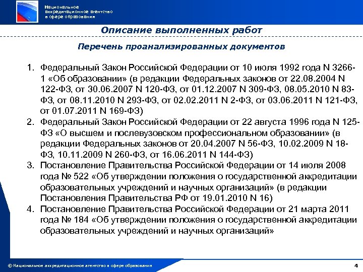 Национальное аккредитационное агентство в сфере образования Описание выполненных работ Перечень проанализированных документов 1. Федеральный