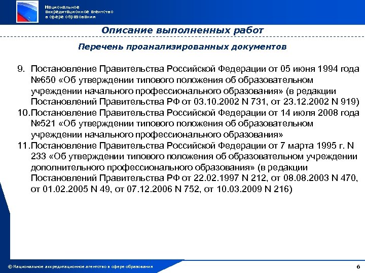 Национальное аккредитационное агентство в сфере образования Описание выполненных работ Перечень проанализированных документов 9. Постановление