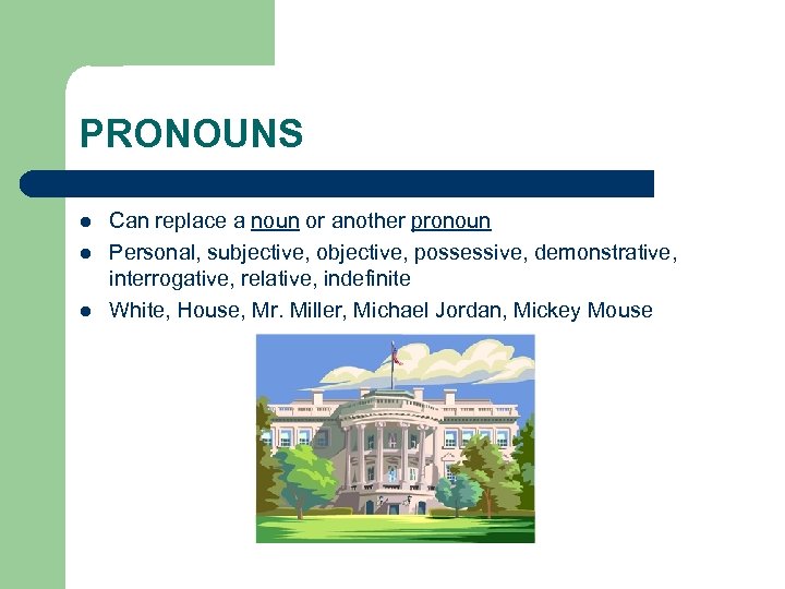 PRONOUNS l l l Can replace a noun or another pronoun Personal, subjective, objective,