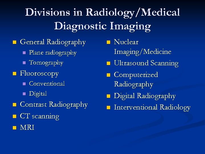 Divisions in Radiology/Medical Diagnostic Imaging n General Radiography n Plane radiography Tomography n n