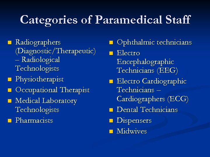 Categories of Paramedical Staff n n n Radiographers (Diagnostic/Therapeutic) – Radiological Technologists Physiotherapist Occupational