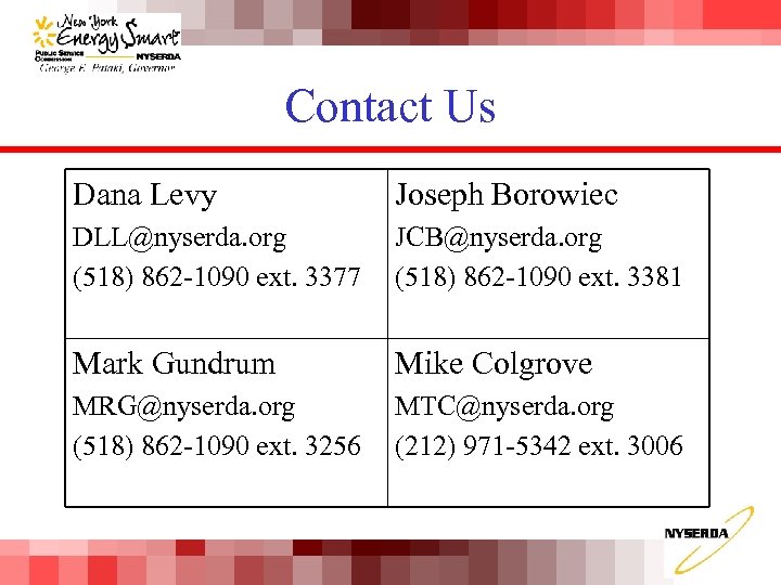 Contact Us Dana Levy Joseph Borowiec DLL@nyserda. org (518) 862 -1090 ext. 3377 JCB@nyserda.