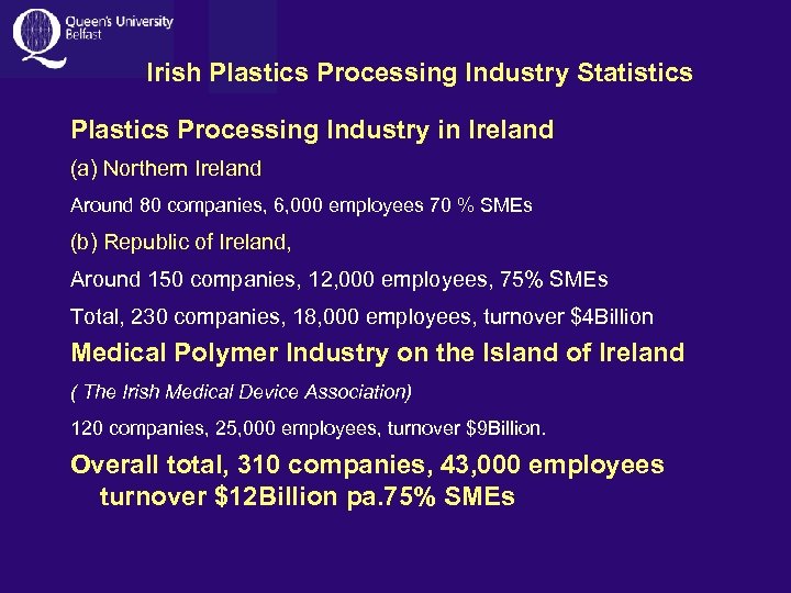 Irish Plastics Processing Industry Statistics Plastics Processing Industry in Ireland (a) Northern Ireland Around