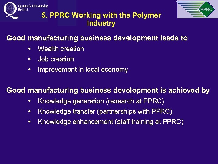 5. PPRC Working with the Polymer Industry Good manufacturing business development leads to •