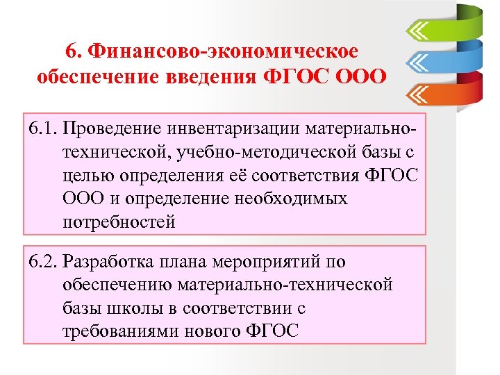 6. Финансово-экономическое обеспечение введения ФГОС ООО 6. 1. Проведение инвентаризации материальнотехнической, учебно-методической базы с