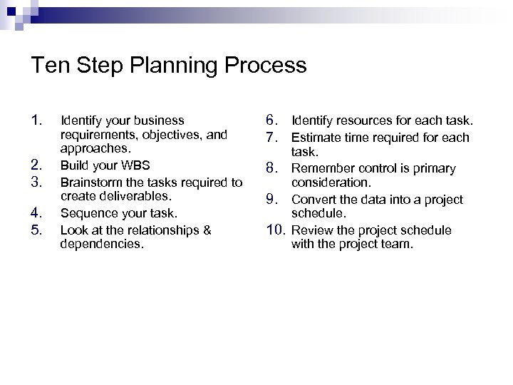 Ten Step Planning Process 1. 2. 3. 4. 5. Identify your business requirements, objectives,