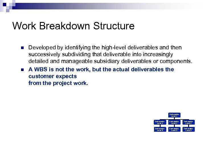 Work Breakdown Structure n n Developed by identifying the high-level deliverables and then successively