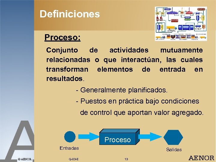Definiciones Proceso: Conjunto de actividades mutuamente relacionadas o que interactúan, las cuales transforman elementos