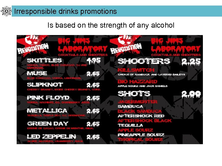 Irresponsible drinks promotions Is based on the strength of any alcohol 
