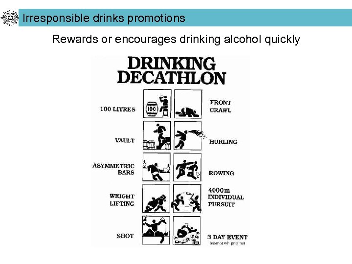 Irresponsible drinks promotions Rewards or encourages drinking alcohol quickly 