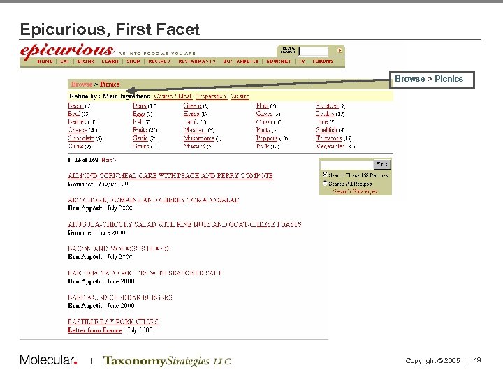 Epicurious, First Facet Browse > Picnics | Copyright © 2005 | 19 