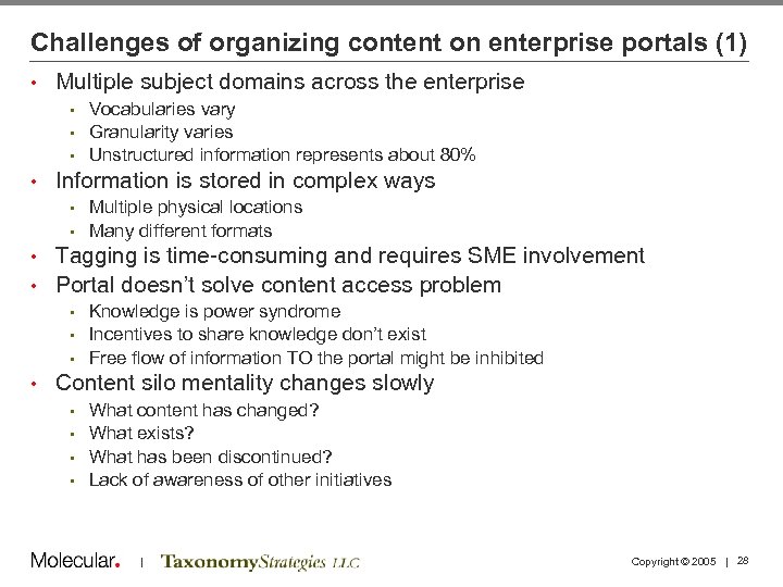 Challenges of organizing content on enterprise portals (1) • Multiple subject domains across the