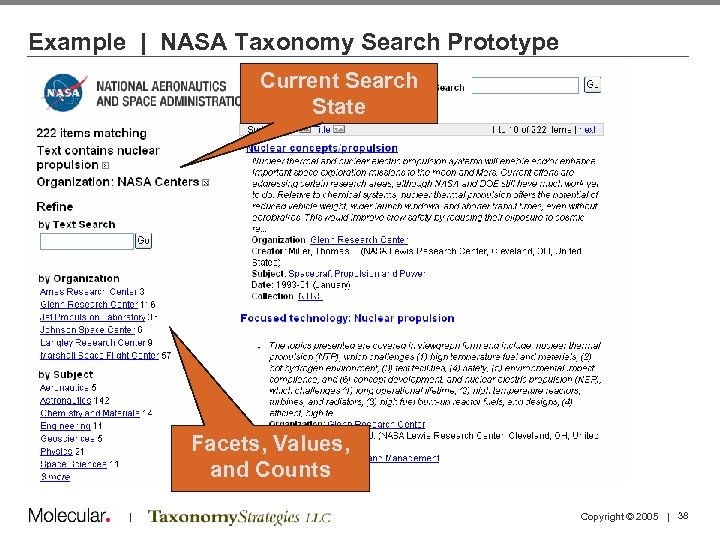 Example | NASA Taxonomy Search Prototype Current Search State Facets, Values, and Counts |