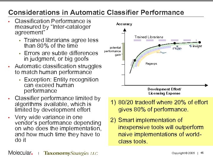 Considerations in Automatic Classifier Performance Classification Performance is measured by “Inter-cataloger agreement” • Trained