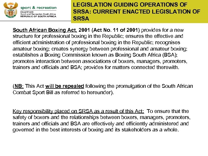 LEGISLATION GUIDING OPERATIONS OF SRSA: CURRENT ENACTED LEGISLATION OF SRSA South African Boxing Act,