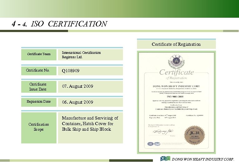 4 - 4. ISO CERTIFICATION Certificate of Registration Certificate Team Certificate No. International Certification