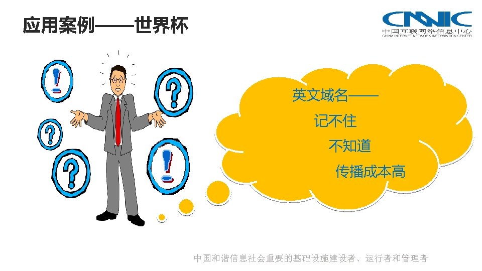 应用案例——世界杯 英文域名—— 记不住 不知道 传播成本高 中国和谐信息社会重要的基础设施建设者、运行者和管理者 
