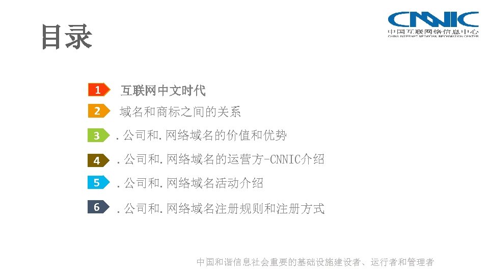 目录 1 互联网中文时代 2 域名和商标之间的关系 3 . 公司和. 网络域名的价值和优势 4 . 公司和. 网络域名的运营方-CNNIC介绍 5