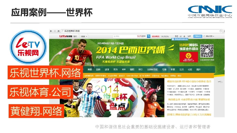 应用案例——世界杯 乐视世界杯. 网络 乐视体育. 公司 黄健翔. 网络 中国和谐信息社会重要的基础设施建设者、运行者和管理者 