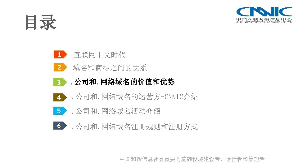 目录 1 互联网中文时代 2 域名和商标之间的关系 3 . 公司和. 网络域名的价值和优势 4 . 公司和. 网络域名的运营方-CNNIC介绍 5