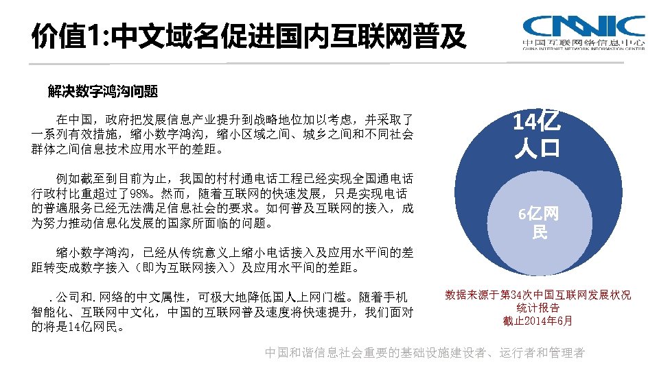价值 1: 中文域名促进国内互联网普及 解决数字鸿沟问题 在中国，政府把发展信息产业提升到战略地位加以考虑，并采取了 一系列有效措施，缩小数字鸿沟，缩小区域之间、城乡之间和不同社会 群体之间信息技术应用水平的差距。 例如截至到目前为止，我国的村村通电话 程已经实现全国通电话 行政村比重超过了98%。然而，随着互联网的快速发展，只是实现电话 的普遍服务已经无法满足信息社会的要求。如何普及互联网的接入，成 为努力推动信息化发展的国家所面临的问题。 14亿 人口