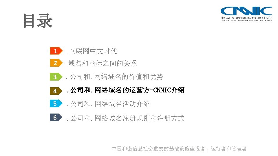 目录 1 互联网中文时代 2 域名和商标之间的关系 3 . 公司和. 网络域名的价值和优势 4 . 公司和. 网络域名的运营方-CNNIC介绍 5