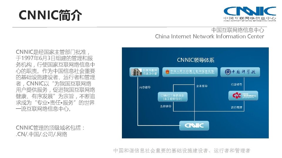 CNNIC简介 中国互联网络信息中心 China Internet Network Information Center CNNIC是经国家主管部门批准， 于1997年 6月3日组建的管理和服 务机构，行使国家互联网络信息中 心的职责。作为中国信息社会重要 的基础设施建设者、运行者和管理 者，CNNIC以“为我国互联网络