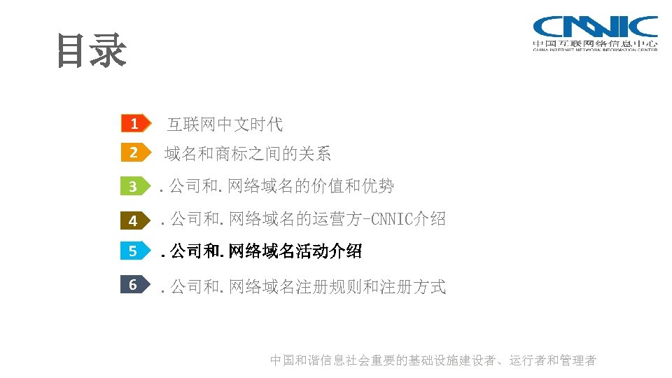 目录 1 互联网中文时代 2 域名和商标之间的关系 3 . 公司和. 网络域名的价值和优势 4 . 公司和. 网络域名的运营方-CNNIC介绍 5