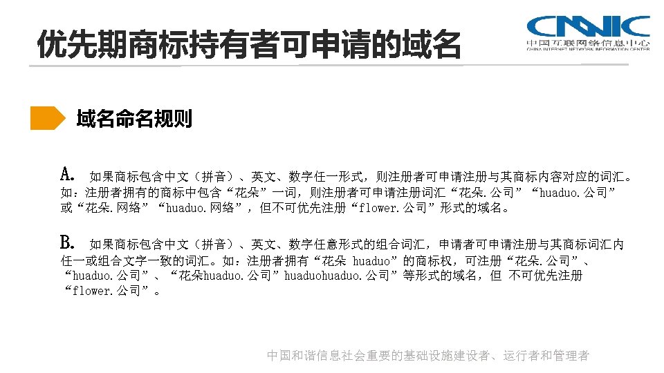 优先期商标持有者可申请的域名 域名命名规则 A. 如果商标包含中文（拼音）、英文、数字任一形式，则注册者可申请注册与其商标内容对应的词汇。 如：注册者拥有的商标中包含“花朵”一词，则注册者可申请注册词汇“花朵. 公司”“huaduo. 公司” 或“花朵. 网络”“huaduo. 网络”，但不可优先注册“flower. 公司”形式的域名。 B. 如果商标包含中文（拼音）、英文、数字任意形式的组合词汇，申请者可申请注册与其商标词汇内 任一或组合文字一致的词汇。如：注册者拥有“花朵