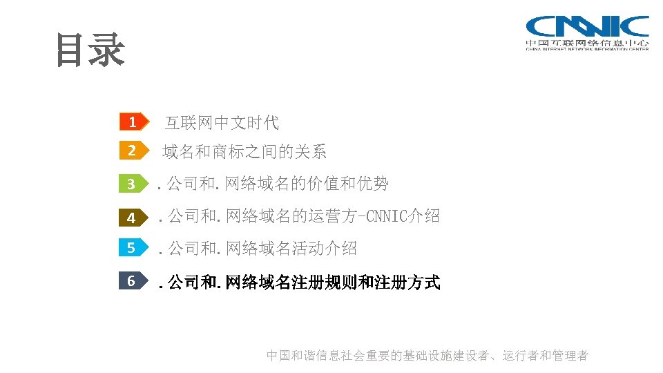 目录 1 互联网中文时代 2 域名和商标之间的关系 3 . 公司和. 网络域名的价值和优势 4 . 公司和. 网络域名的运营方-CNNIC介绍 5