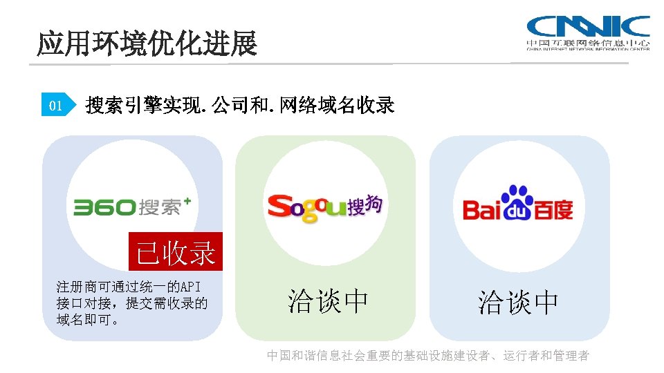 应用环境优化进展 01 搜索引擎实现. 公司和. 网络域名收录 已收录 注册商可通过统一的API 接口对接，提交需收录的 域名即可。 洽谈中 中国和谐信息社会重要的基础设施建设者、运行者和管理者 