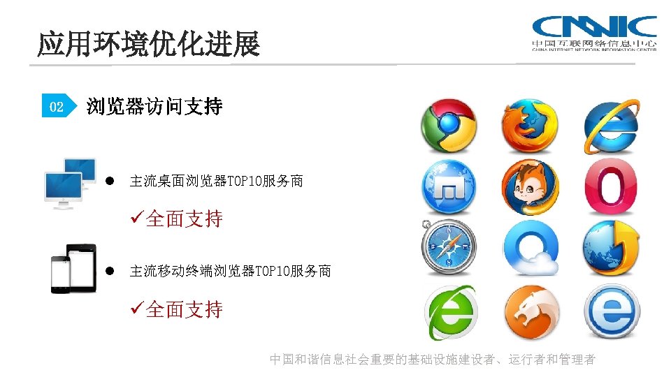 应用环境优化进展 02 浏览器访问支持 l 主流桌面浏览器TOP 10服务商 ü全面支持 l 主流移动终端浏览器TOP 10服务商 ü全面支持 中国和谐信息社会重要的基础设施建设者、运行者和管理者 