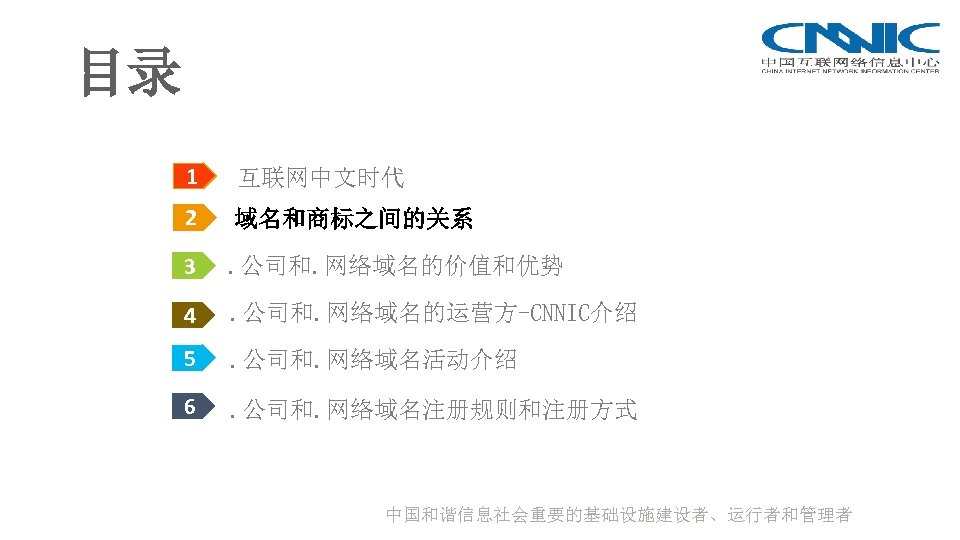 目录 1 互联网中文时代 2 域名和商标之间的关系 3 . 公司和. 网络域名的价值和优势 4 . 公司和. 网络域名的运营方-CNNIC介绍 5