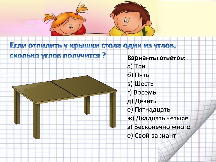 Варианты ответов: а) Три б) Пять в) Шесть г) Восемь д) Девять е) Пятнадцать