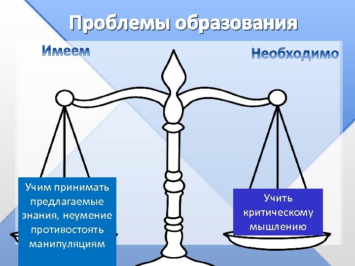 Проблемы образования Учим принимать предлагаемые знания, неумение противостоять манипуляциям Учить критическому мышлению 