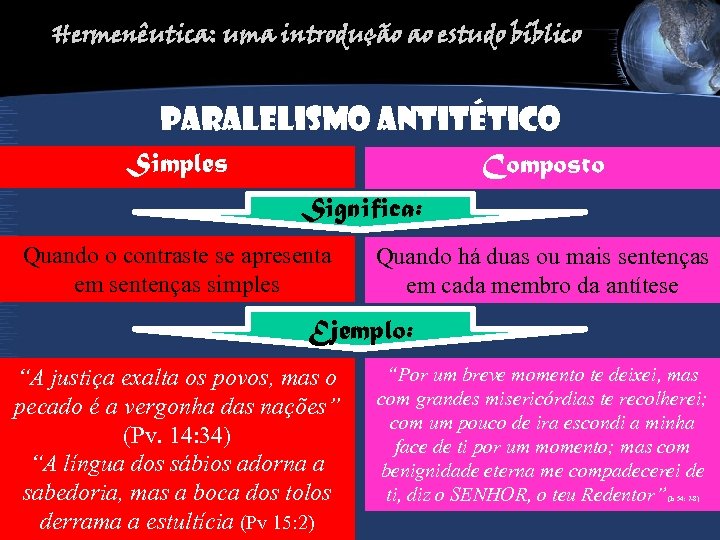 Hermenêutica: uma introdução ao estudo bíblico Paralelismo antitético Simples Composto Significa: Quando o contraste