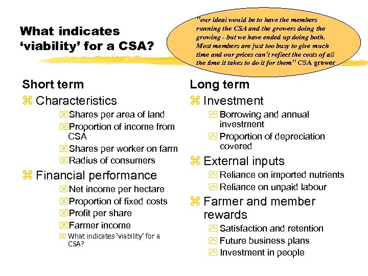 What indicates ‘viability’ for a CSA? Short term z Characteristics x. Shares per area