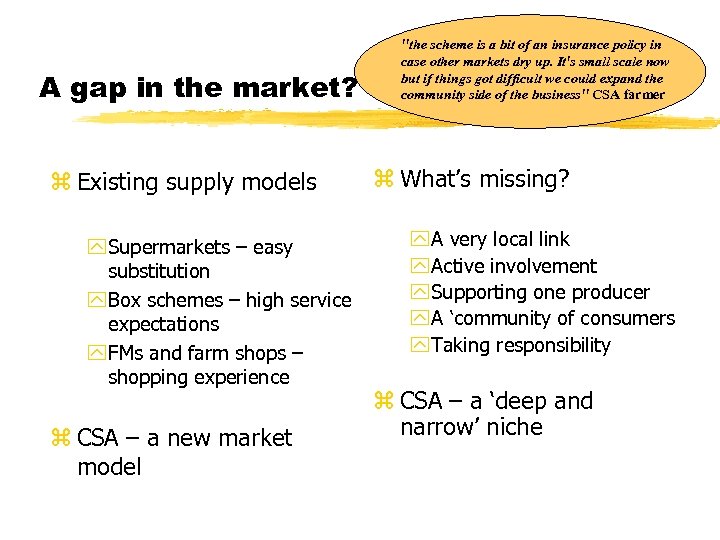 A gap in the market? z Existing supply models y Supermarkets – easy substitution