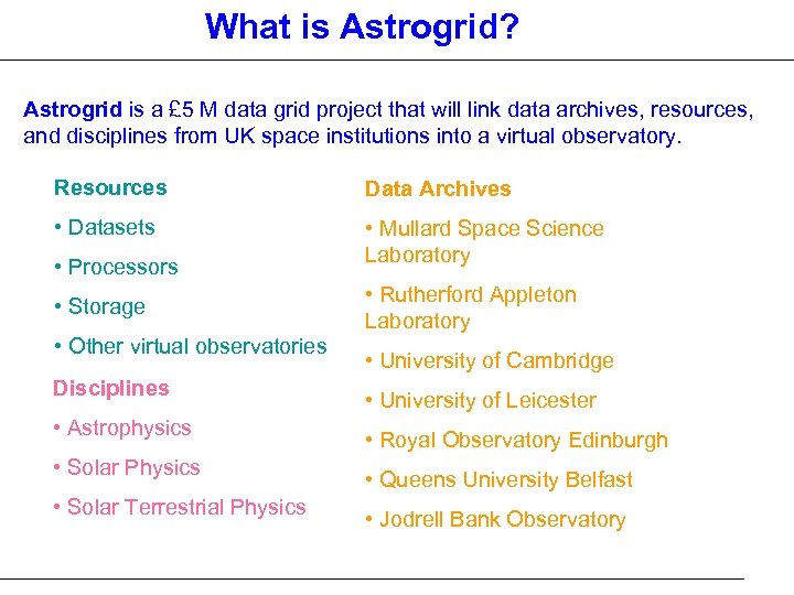 What is Astrogrid? Astrogrid is a £ 5 M data grid project that will