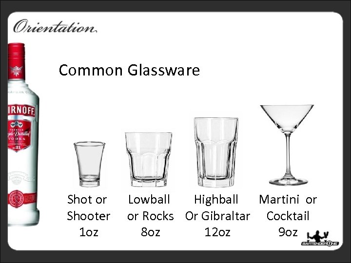 Barware Common Glassware Shot or Shooter 1 oz Lowball Highball Martini or or Rocks