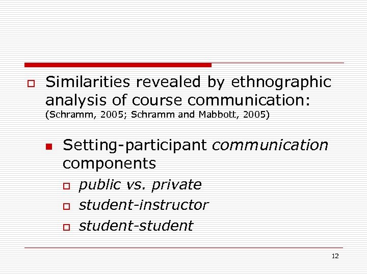 o Similarities revealed by ethnographic analysis of course communication: (Schramm, 2005; Schramm and Mabbott,