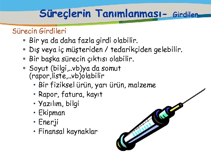 Süreçlerin Tanımlanması- Girdiler Sürecin Girdileri § Bir ya da daha fazla girdi olabilir. §
