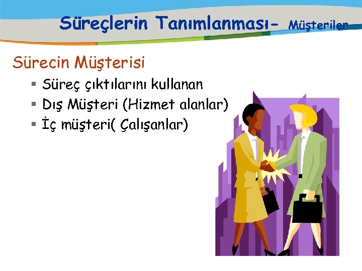 Süreçlerin TanımlanmasıSürecin Müşterisi § Süreç çıktılarını kullanan § Dış Müşteri (Hizmet alanlar) § İç