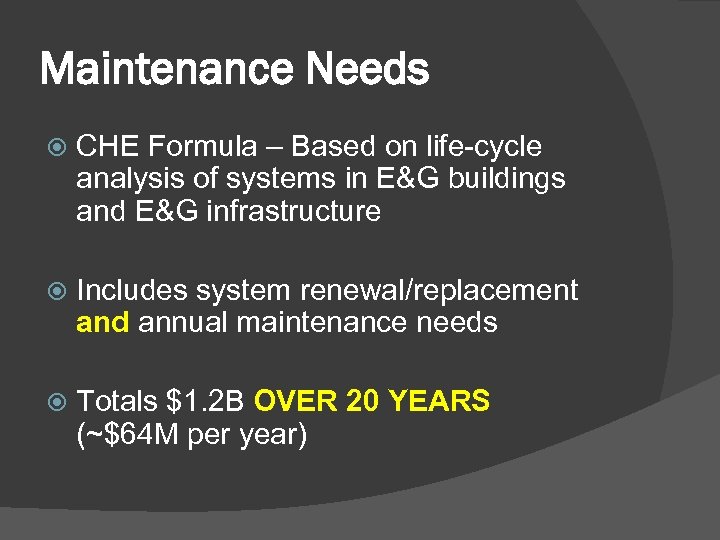 Maintenance Needs CHE Formula – Based on life-cycle analysis of systems in E&G buildings